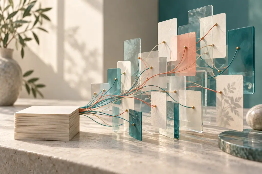A stack of research cards branches into translucent panels and threads