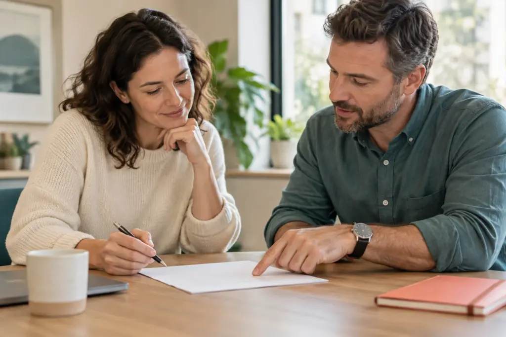 Two people review a blank document together at a table
